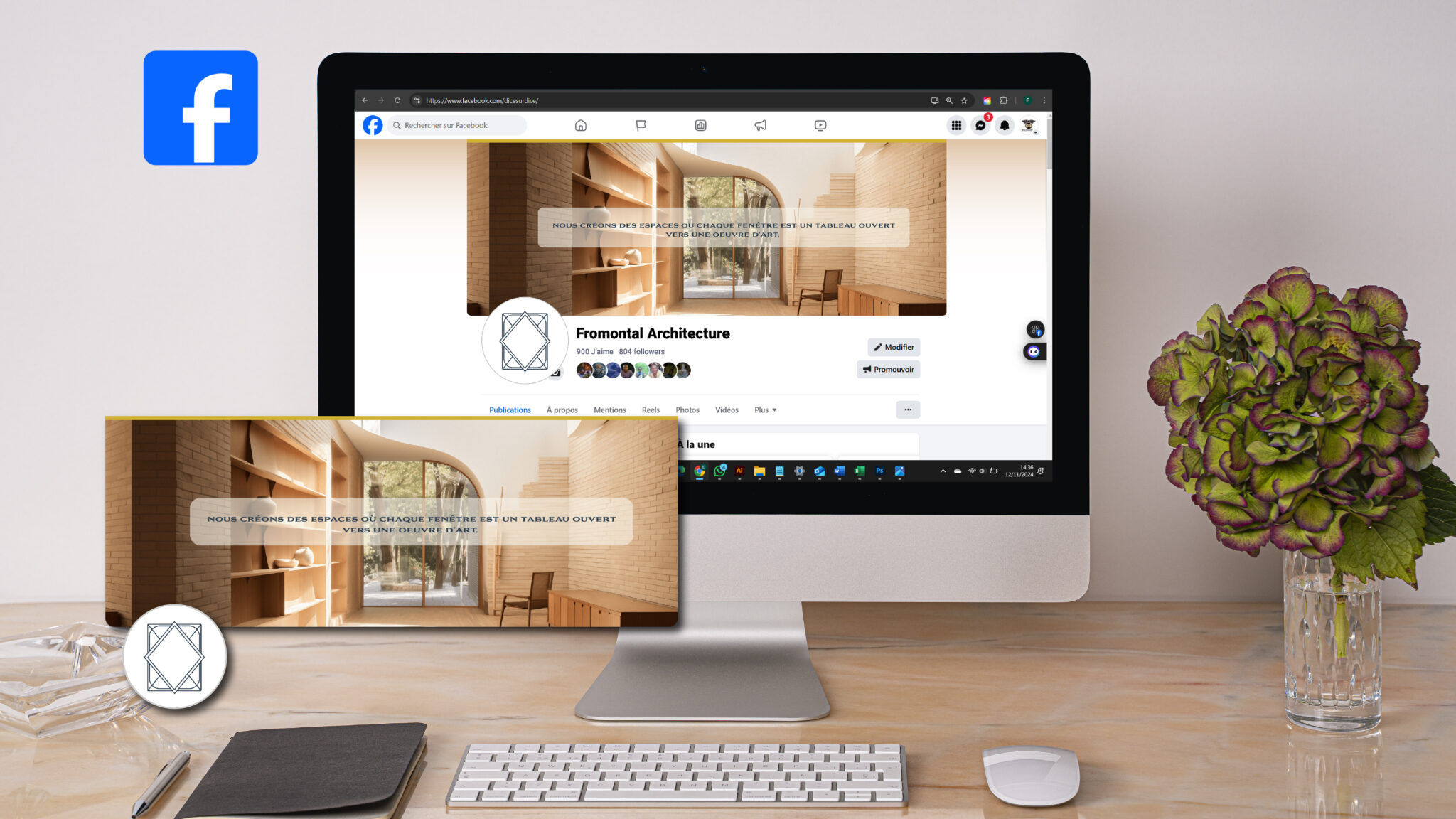 L'habillage de facebook  : Utilisation d'une  une version épuré du logo, adaptée aux formats ronds d’Instagram et Facebook, pour une identité visuelle cohérente sur tous les supports.
