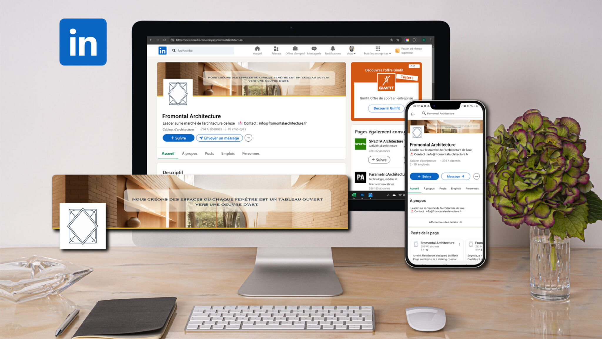 L'habillage de linkedin : Pour se démarquer et être reconnu,  un habillage soigné et percutant qui respecte l'identité visuelle de la marque pour tous les réseaux sociaux du cabinet.